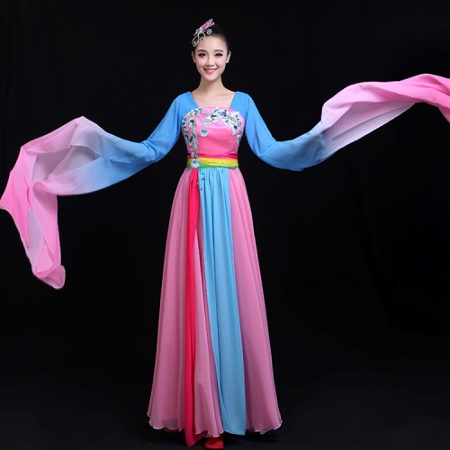 Women's Chinese folk dance costumes pink blue water sleeves hanfu fairy classical dance yangko umbrella dance cosplay dresses 